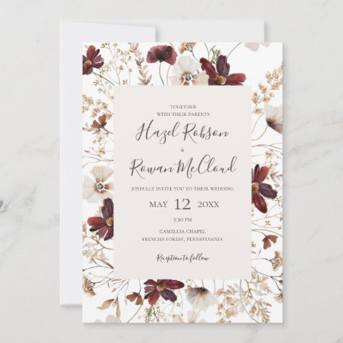 Copper Burgundy Wildflower  All In One Wedding Invitation