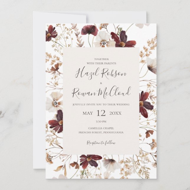 Copper Burgundy Wildflower | All In One Wedding Invitation (Front)