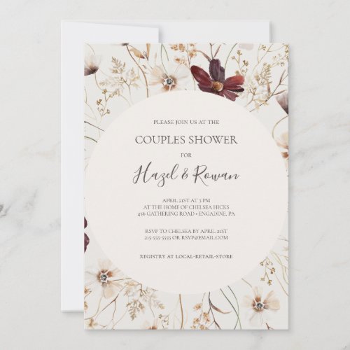 Copper Burgundy Wildflower  Beige Couples Shower Invitation