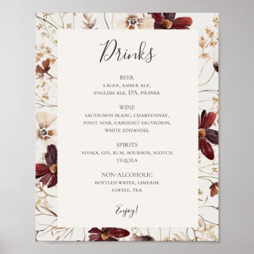 Copper Burgundy Wildflower Beige Drinks Menu Sign