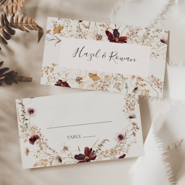 Copper Burgundy Wildflower | Beige Flat Wedding Place Card (Creator Uploaded)