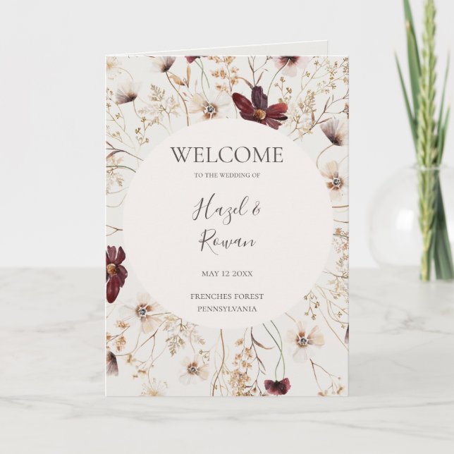 Copper Burgundy Wildflower | Beige Folded Wedding Program (Front)
