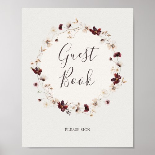 Copper Burgundy Wildflower  Beige Guest Book Sign