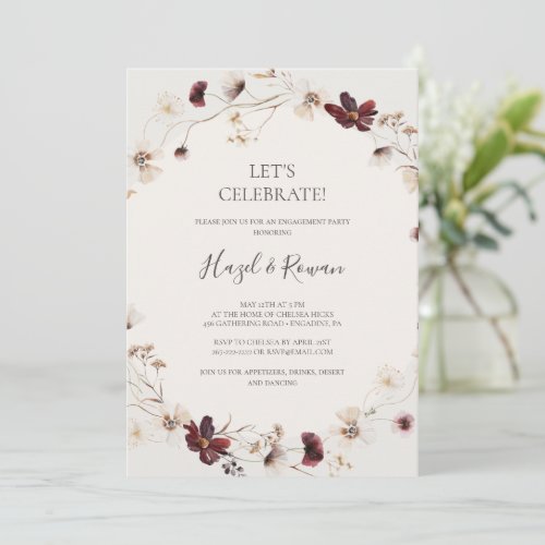 Copper Burgundy Wildflower  Beige Lets Celebrate Invitation