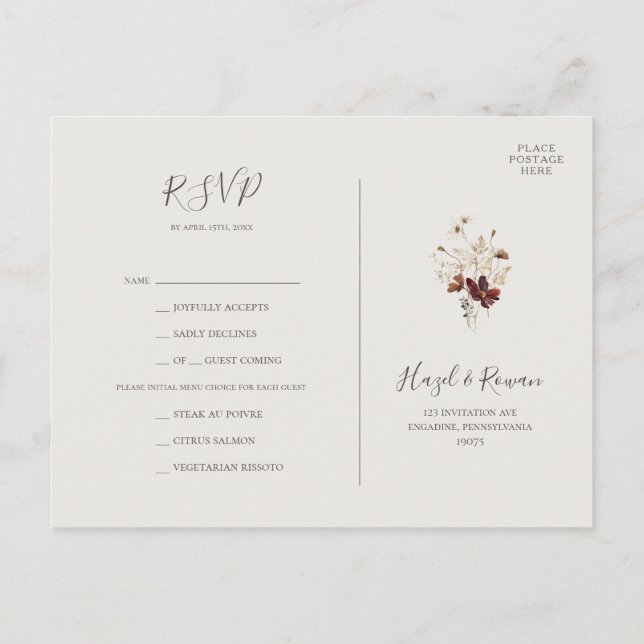 Copper Burgundy Wildflower Beige Menu Choice RSVP (Back)
