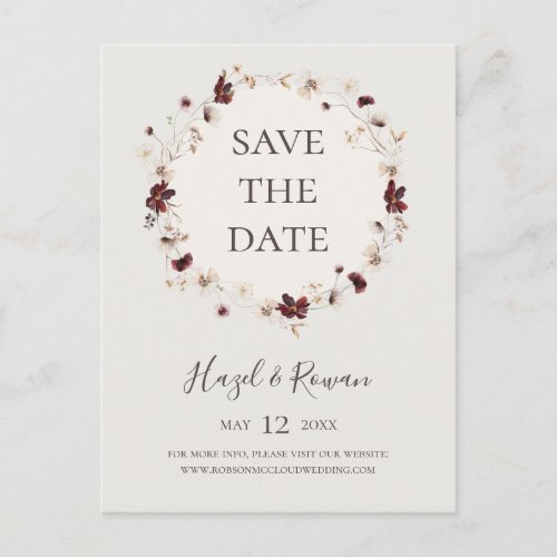 Copper Burgundy Wildflower  Beige Save The Date  Invitation Postcard