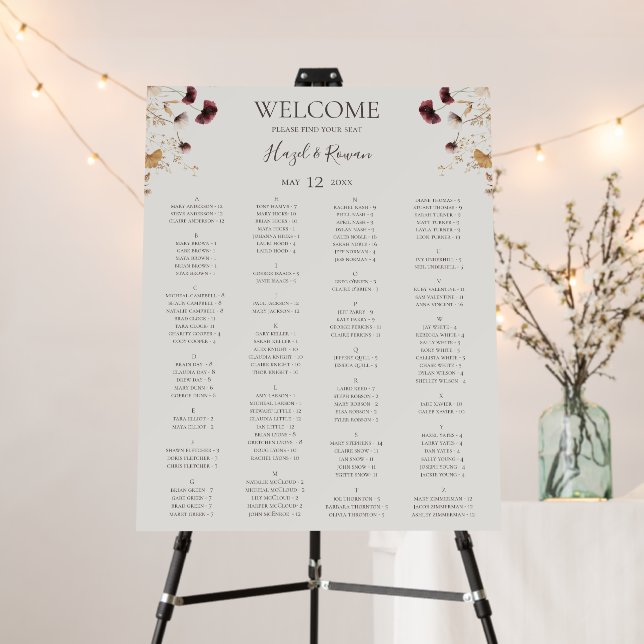 Copper Burgundy Wildflower | Beige Seating Chart Foam Board (In Situ (Stand))