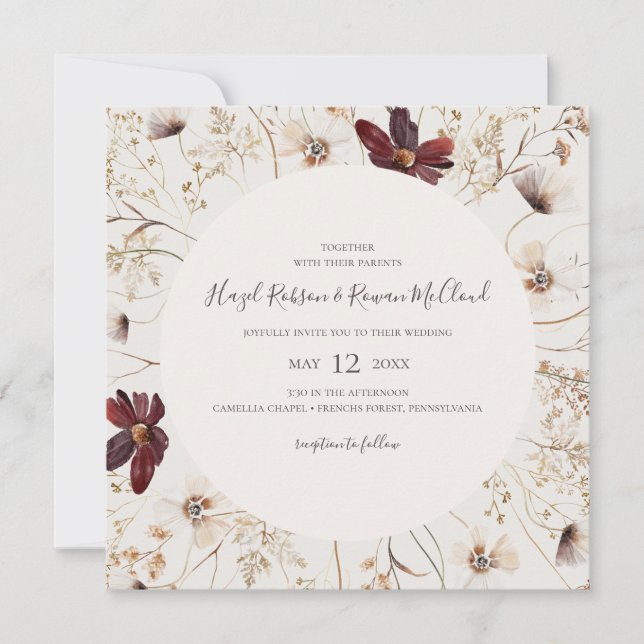 Copper Burgundy Wildflower | Beige Square Wedding Invitation (Front)