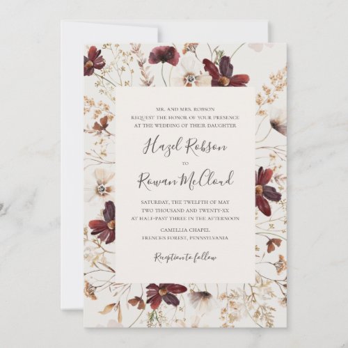 Copper Burgundy Wildflower  Beige Traditional Invitation