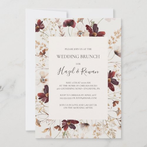 Copper Burgundy Wildflower  Beige Wedding Brunch Invitation