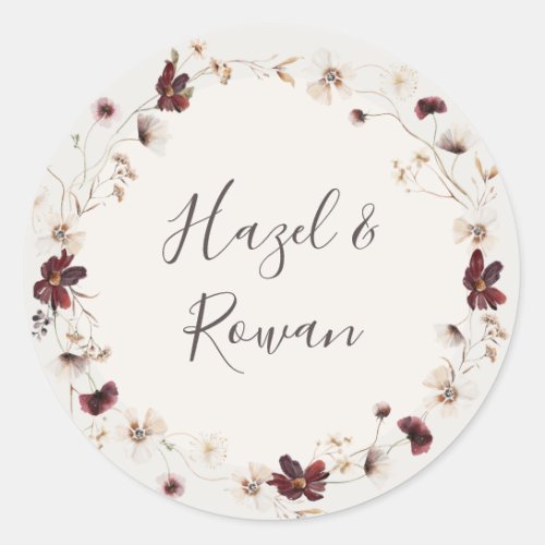 Copper Burgundy Wildflower  Beige Wedding Classic Round Sticker