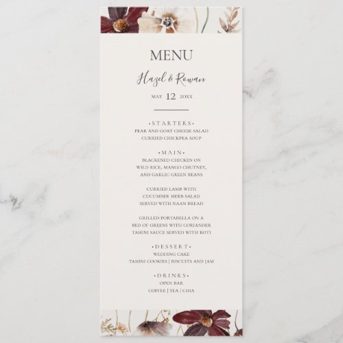 Copper Burgundy Wildflower  Beige Wedding Dinner Menu