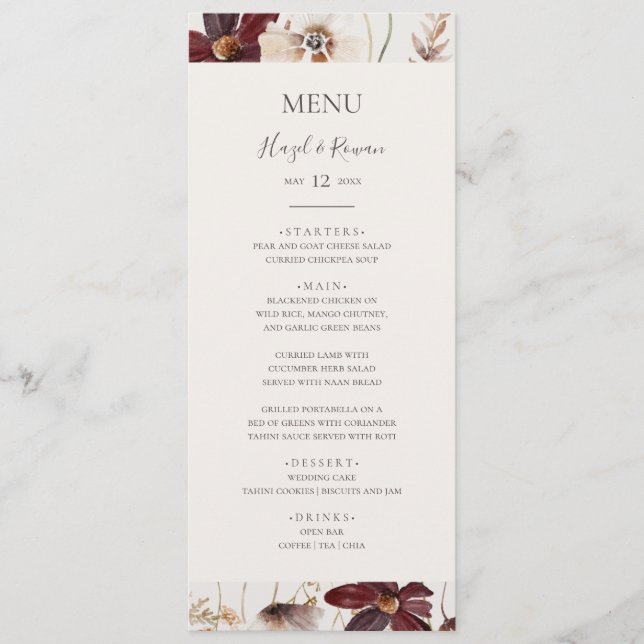 Copper Burgundy Wildflower | Beige Wedding Dinner Menu (Front)