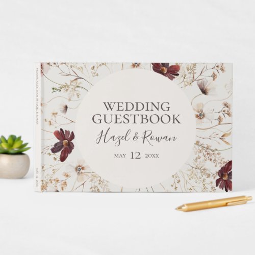 Copper Burgundy Wildflower  Beige Wedding Guest Book