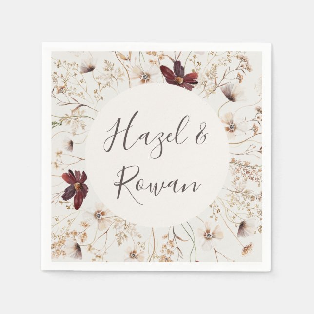 Copper Burgundy Wildflower | Beige Wedding Napkins (Front)