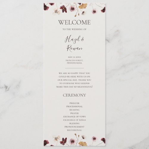 Copper Burgundy Wildflower  Beige Wedding Program