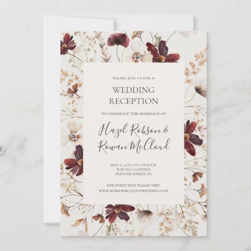 Copper Burgundy Wildflower Beige Wedding Reception Invitation