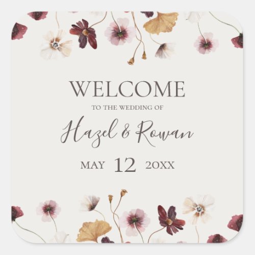 Copper Burgundy Wildflower  Beige Wedding Welcome Square Sticker