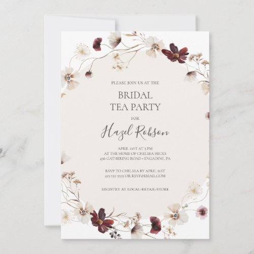 Copper Burgundy Wildflower  Bridal Tea Party Invitation