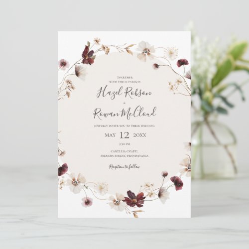 Copper Burgundy Wildflower  Casual Wedding Invitation