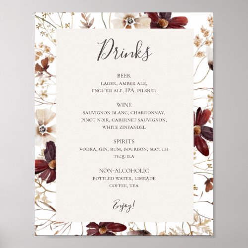 Copper Burgundy Wildflower  Drinks Menu Sign