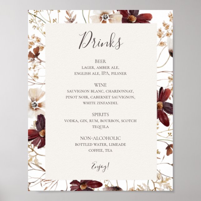 Copper Burgundy Wildflower | Drinks Menu Sign (Front)