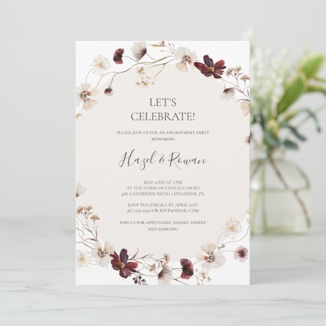 Copper Burgundy Wildflower Let's Celebrate Invitation (Standing Front)