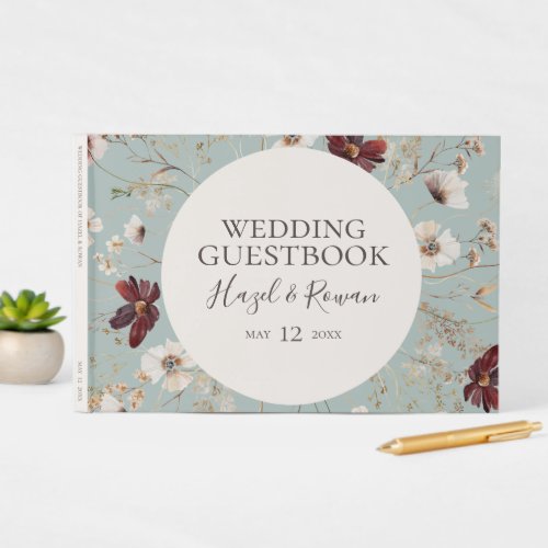 Copper Burgundy Wildflower  Light Teal Wedding Guest Book