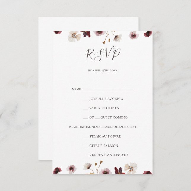 Copper Burgundy Wildflower Menu Choice RSVP Card (Front/Back)