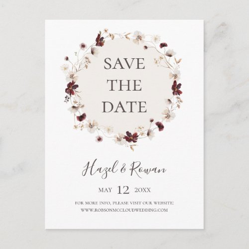 Copper Burgundy Wildflower Save The Date Postcard