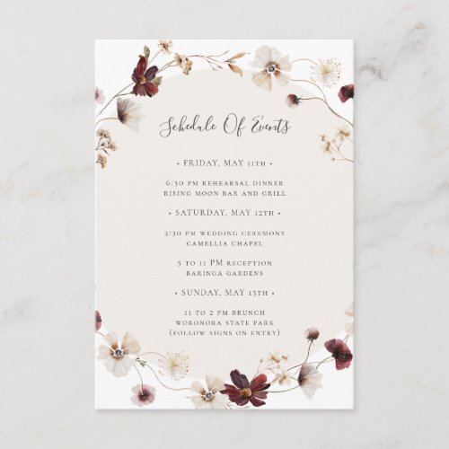 Copper Burgundy Wildflower  Schedule of Events Enclosure Card