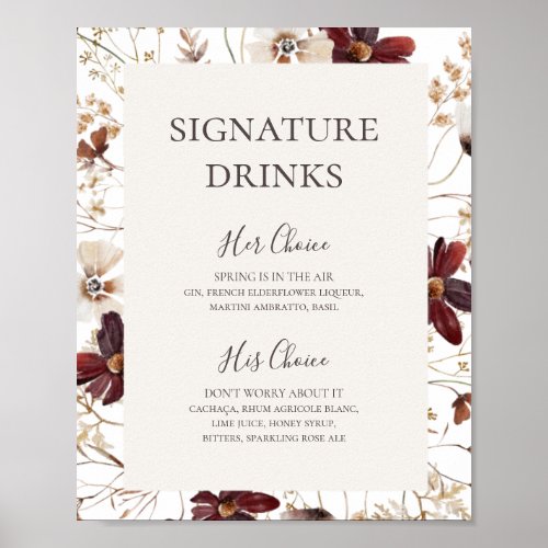 Copper Burgundy Wildflower  Signature Drinks Sign