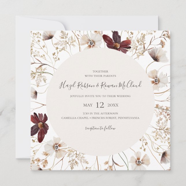 Copper Burgundy Wildflower | Square Wedding Invitation (Front)