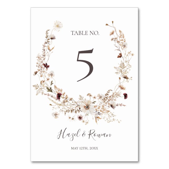 Copper Burgundy Wildflower Table Number (Front)