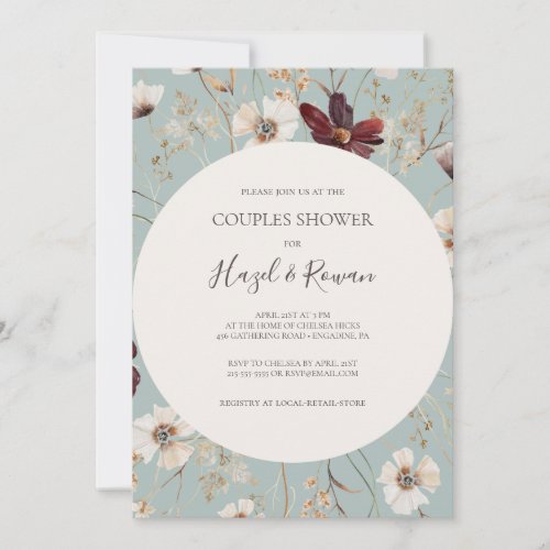 Copper Burgundy Wildflower  Teal Couples Shower Invitation