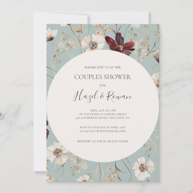 Copper Burgundy Wildflower | Teal Couples Shower Invitation (Front)