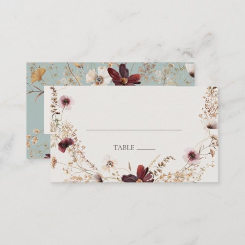 Copper Burgundy Wildflower  Teal Flat Wedding Place Card