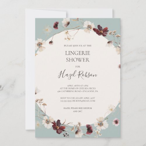 Copper Burgundy Wildflower  Teal Lingerie Shower Invitation