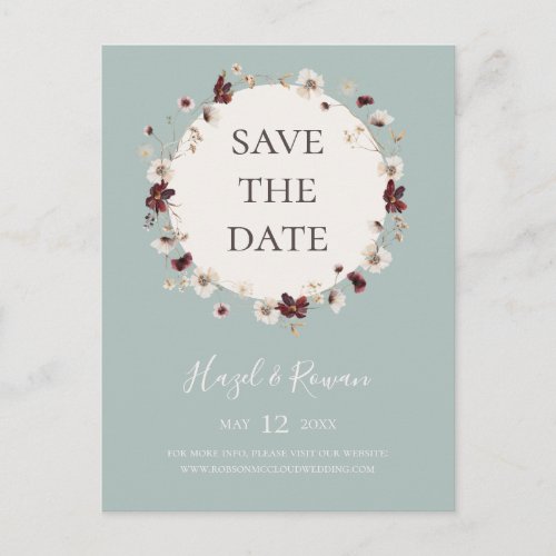 Copper Burgundy Wildflower  Teal Save The Date Invitation Postcard