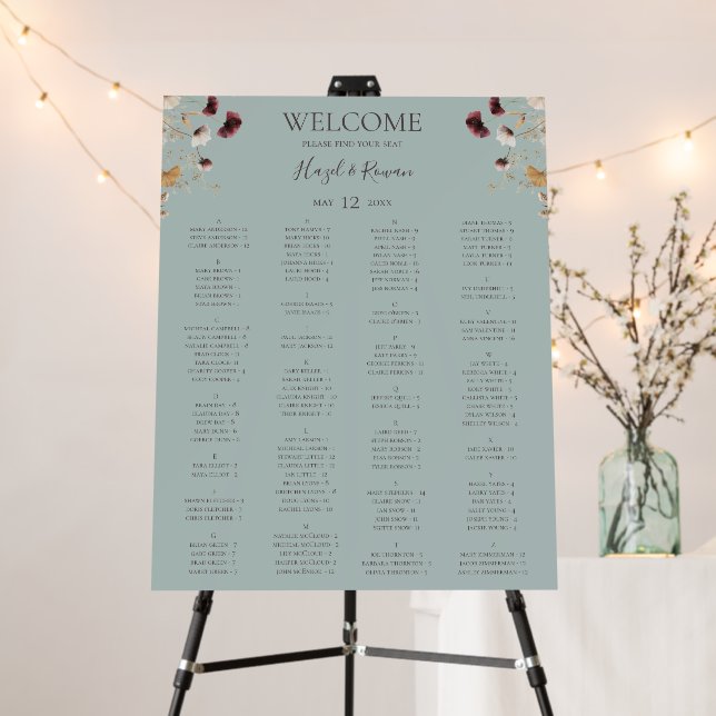 Copper Burgundy Wildflower | Teal Seating Chart Foam Board (In Situ (Stand))