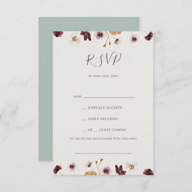 Copper Burgundy Wildflower Teal Song Request RSVP (Front/Back)