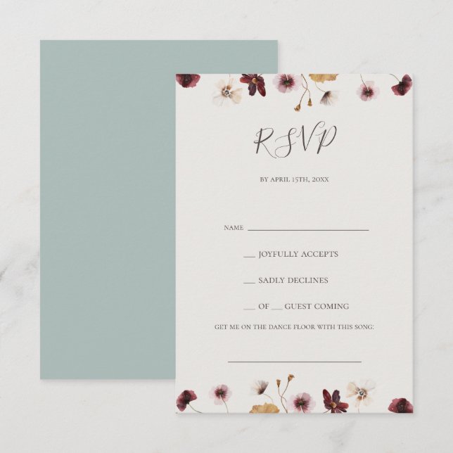 Copper Burgundy Wildflower Teal Song Request RSVP Card (Front/Back)
