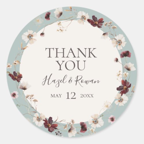 Copper Burgundy Wildflower  Teal Thank You Favor  Classic Round Sticker