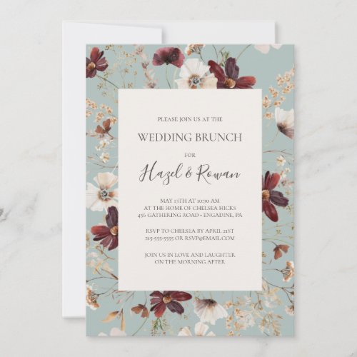 Copper Burgundy Wildflower  Teal Wedding Brunch Invitation