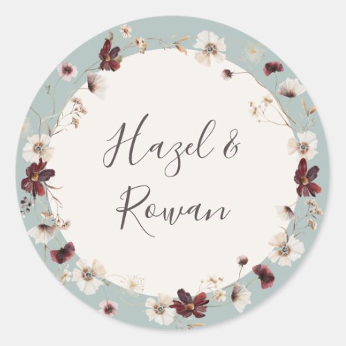 Copper Burgundy Wildflower  Teal Wedding Classic Round Sticker