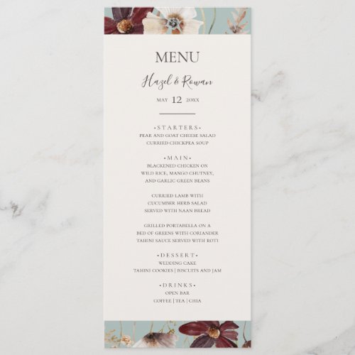 Copper Burgundy Wildflower  Teal Wedding Dinner Menu