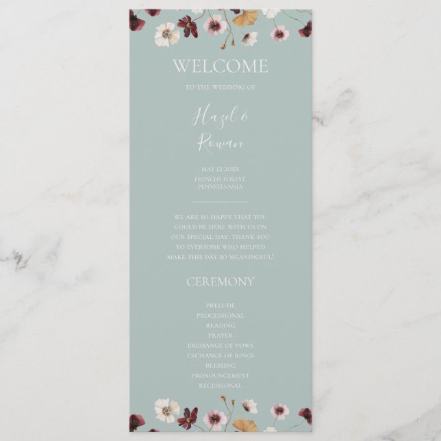 Copper Burgundy Wildflower | Teal Wedding Program (Front)