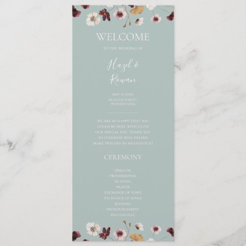 Copper Burgundy Wildflower  Teal Wedding Program