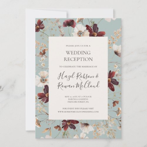 Copper Burgundy Wildflower Teal Wedding Reception Invitation