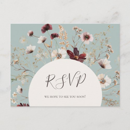 Copper Burgundy Wildflower  Teal Wedding RSVP Postcard